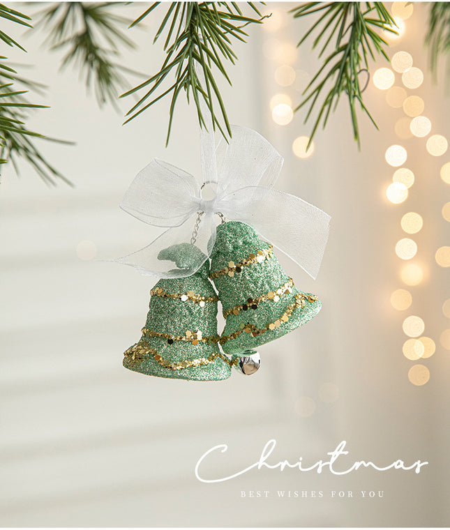 Green Glitter Christmas Bell Ornaments with White Bow