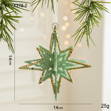Green Glitter 3D Star Ornament with Gold Accents -Hanging Christmas Decoration 5 pieces V888-ELOSUNG10505