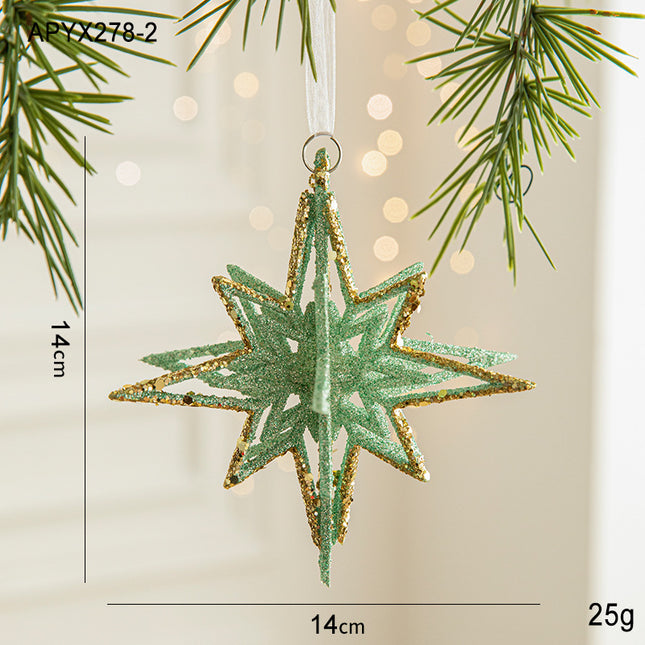 Green Glitter 3D Star Ornament with Gold Accents -Hanging Christmas Decoration 5 pieces V888-ELOSUNG10505