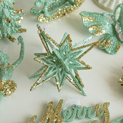 Green Glitter 3D Star Ornament with Gold Accents -Hanging Christmas Decoration 5 pieces – product detail