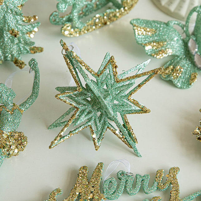 Green Glitter 3D Star Ornament with Gold Accents -Hanging Christmas Decoration 5 pieces – product detail