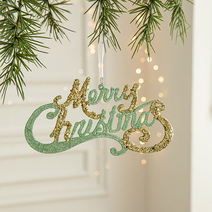 Green and Gold Glitter Merry Christmas Hanging Ornament -Festive Holiday Decoration 5 pieces