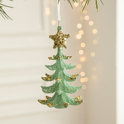 Green Glitter Christmas Tree Ornament with Gold Star Top - Hanging Festive Decoration 5 pieces