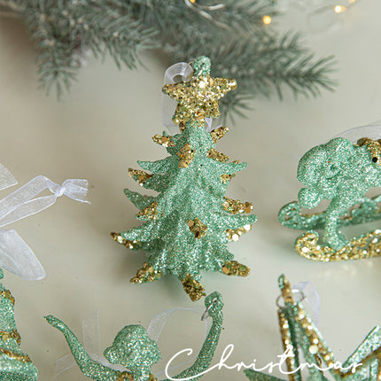 Green Glitter Christmas Tree Ornament with Gold Star Top - Hanging Festive Decoration 5 pieces