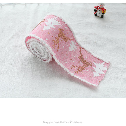 Christmas-Themed Decorative Wired Ribbon Burlap– Reindeer and Tree Print Rolled Fabric Set ,Diameter 6.8 cm, length 2 cm (two set, 6 pieces in total)