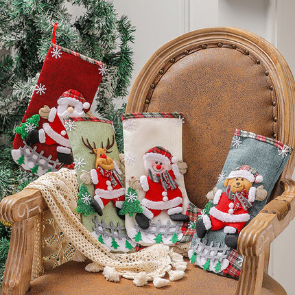 Set of 4 Christmas Stockings with Santa, Reindeer, Snowman, and Teddy Bear - Holiday Mantel Decor