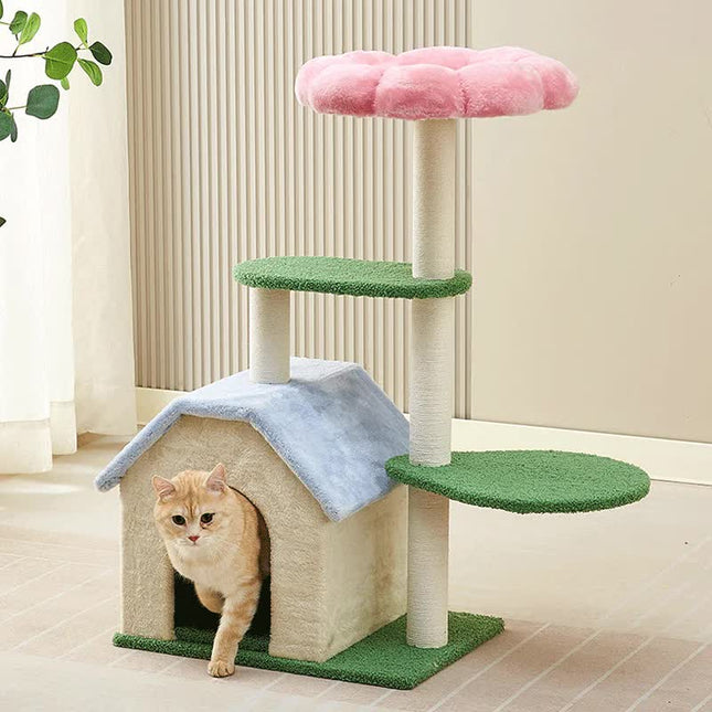 Floral Cat Tree with Cozy Hideaway and Scratching Posts (50x38x90 cm) V888-ELOSUNG10730