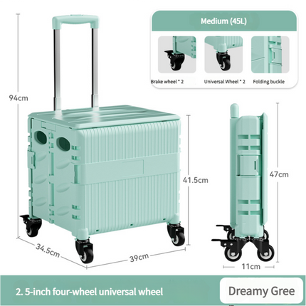 Foldable Rolling Storage Cart with Telescopic Handle - Large Capacity, Portable Utility Box  45L white