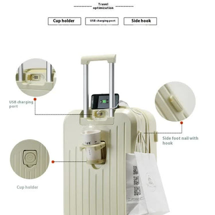 Smart Carry-On Luggage with Cup Holder & USB Charging Port - White Color Spinner Suitcase for Travel Convenience  20 inch