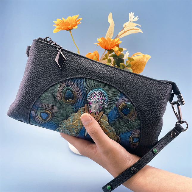 Women's Embossed Peacock Leather Wristlet Clutch