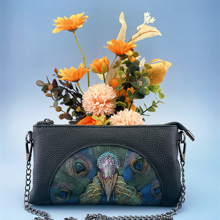 Women's Embossed Peacock Leather Wristlet Clutch - Elegant and Artistic Handbag 23*12*2cm
