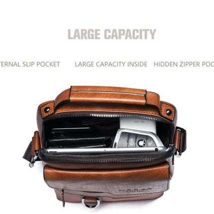 Men's Vintage Leather Shoulder Bag - Multi-Compartment Crossbody Messenger Bag 22cm(L)*8cm(W)*26cm(H)(Black)