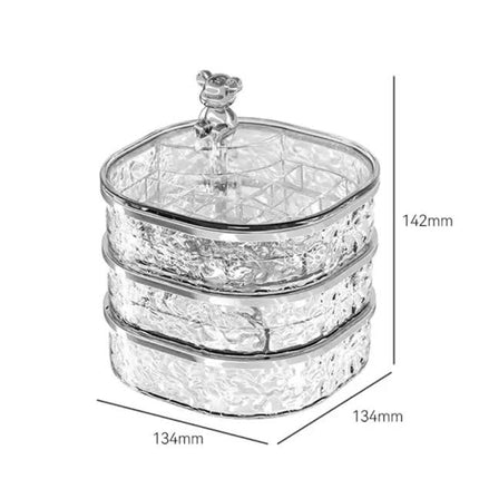Elegant Crystal Stackable Jewelry Organizer with Bear Handle - 3-Tier Display Box for Accessories 13.4*13.4*14.2cm