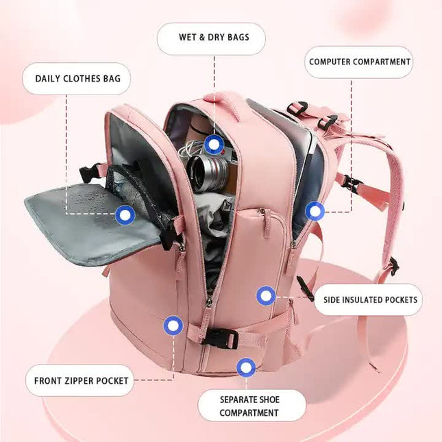 Multi-Compartment Travel Backpack with Shoe Storage and Wet-Dry Separation (Pink)31cm(L) 17cm(W) 42cm(H) – product detail