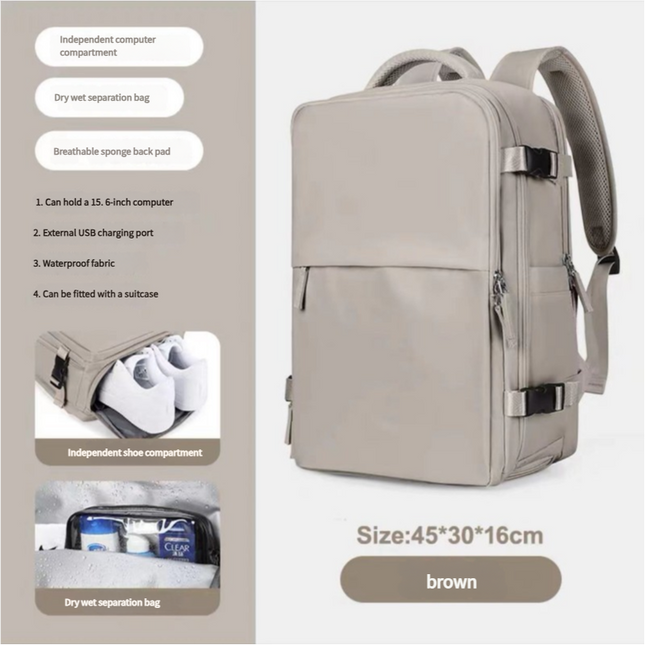 Water-Resistant Laptop Backpack with USB Charging Port and Wet-Dry Separation (Brown) V888-ELOSUNG10954