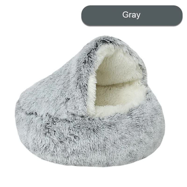 Cozy Gray Plush Hooded Pet Bed