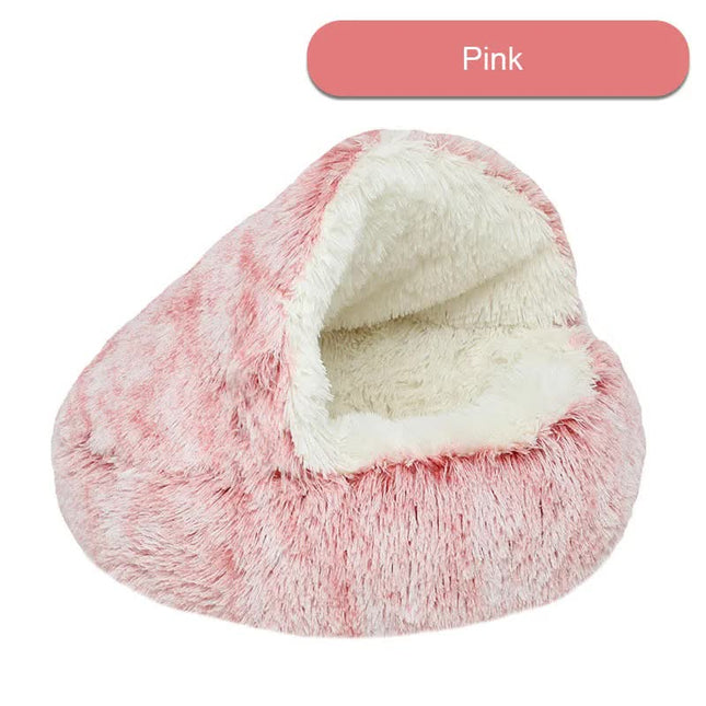 Cozy Pink Plush Hooded Pet Bed