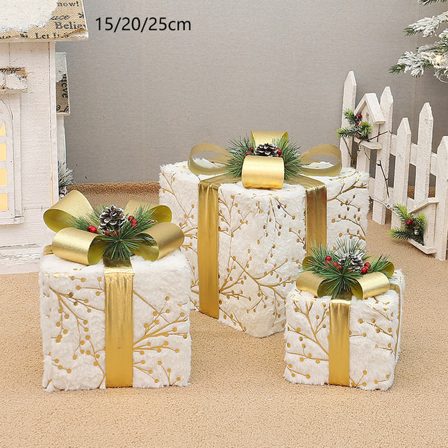 Set of 3 Elegant Christmas Gift Boxes with Gold Ribbon & Pine Accents without lights