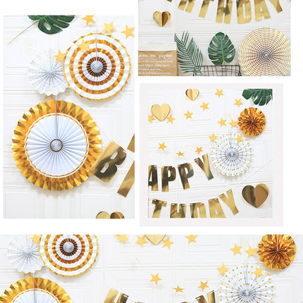 Happy Birthday Party Decoration Set -  Fan Decorations, Hearts, Stars & Banner