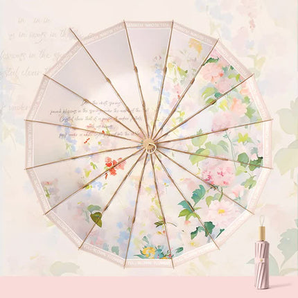 Traditional Chinese Style Folding Umbrella - Pink Floral Design with 16-Rib Structure