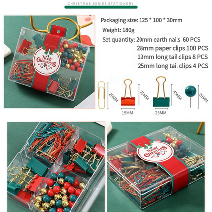 S11012 Christmas Stationery Set - Festive Binder Clips, Paper Clips, and Push Pins in Holiday Colors(2 set)