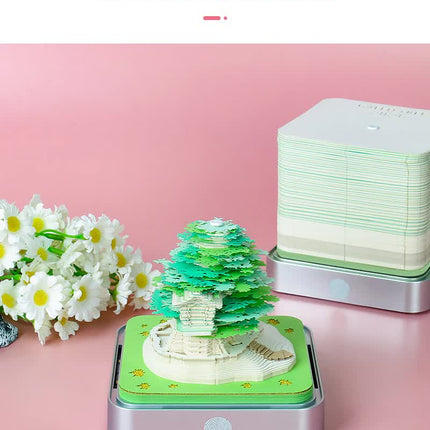 Green Tree House Blossom 3D Paper Sculpture Night Light with Memo Pad, Silver Base - Elegant Gift Set for Home & Office