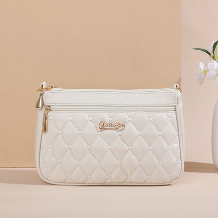White PU Leather Quilted Crossbody Bag for Women - Compact Multi-Compartment Shoulder Purse