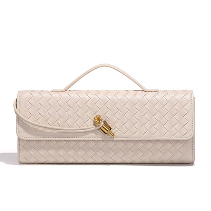 Beige Luxury Woven PU Leather Clutch - Elegant Women's Evening Baguette Bag with Adjustable Shoulder Strap