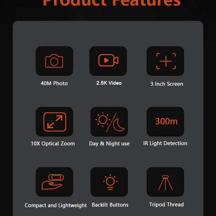 Black Digital Night Vision Binoculars - 3.0'' IPS Screen, 10X Optical Zoom, 2.5K Video Recording, Infrared for 300m Range