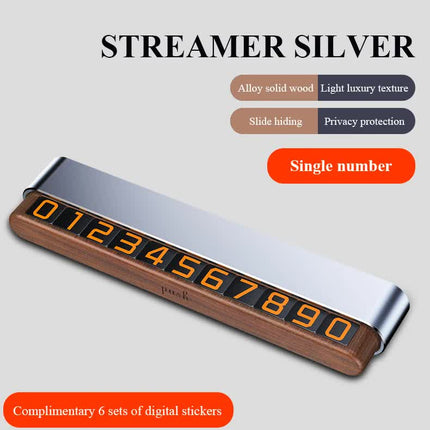 Silver Premium Alloy and Wood Temporary Parking Card - Sliding Design for Privacy, Includes 6 Number Sets