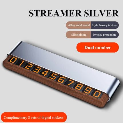 Silver Dual-Number Alloy and Wood Temporary Parking Card - Sliding Privacy Design, Includes 8 Number Sets