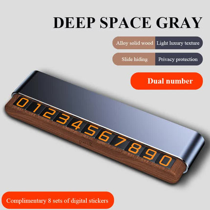 Gray Dual-Number Alloy and Wood Temporary Parking Card - Sliding Privacy Design, Includes 8 Number Sets