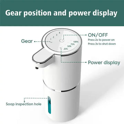 White Automatic Foaming Soap Dispenser with Rechargeable Battery, Touch Control, and 380ml Capacity - IPX5 Waterproof