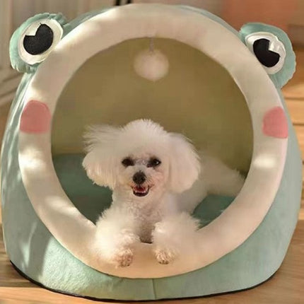 Green Frog Half-Enclosed Cat Bed - Soft Short Velvet Fabric with Sponge + PP Cotton Filling, M Size (35x35x30cm)