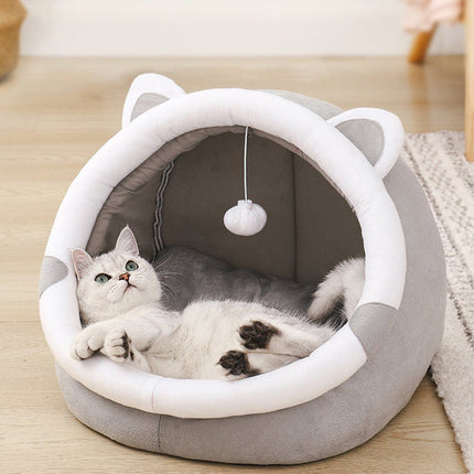 Gray Half-Enclosed Cat Bed - Soft Short Velvet Fabric with Sponge + PP Cotton Filling, S Size (28x28x30 cm)