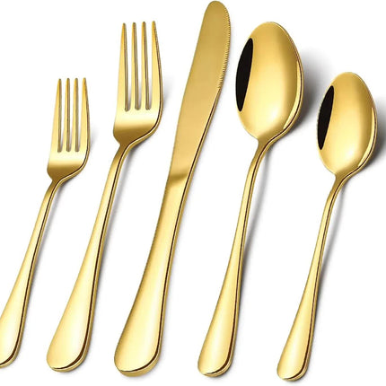 Gold 410 Stainless Steel Cutlery Set - Western Steak Knife, Fork & Spoon Set, 6 Set/30-Piece Dinnerware Set