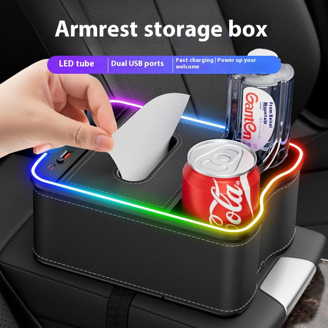 Mocha Brown Car Armrest Storage Box with LED Ambient Light