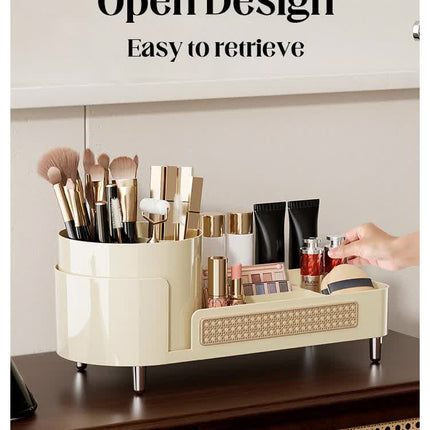 Brown Cosmetic Organizer - Rotating Desktop Makeup Brush Holder with Large Capacity Storage