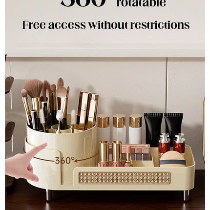 Brown Cosmetic Organizer - Rotating Desktop Makeup Brush Holder with Large Capacity Storage