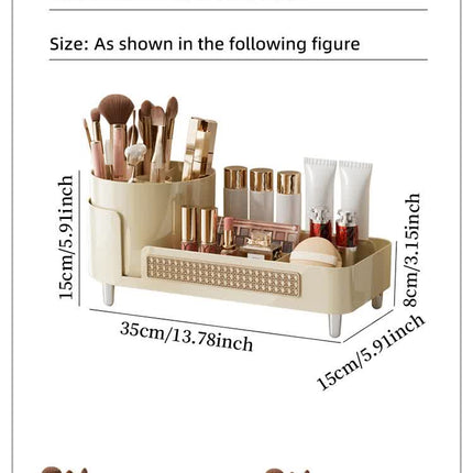 Brown Cosmetic Organizer - Rotating Desktop Makeup Brush Holder with Large Capacity Storage