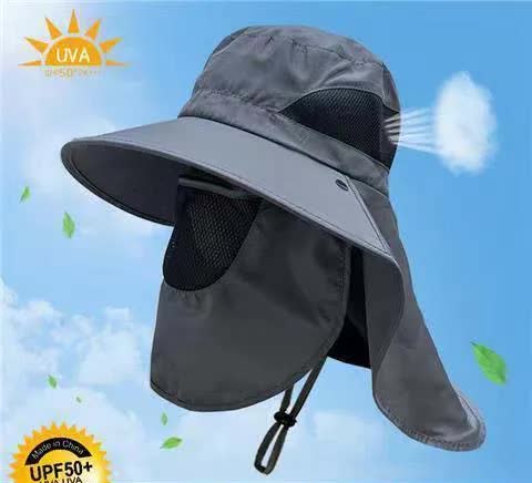 Dark Grey Outdoor UV Protection Hat for Men Detachable Face & Neck Shield Large Brim Sun Hat for Fishing