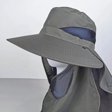 Black Outdoor UV Protection Hat for Men - Detachable Face & Neck Shield, Large Brim Sun Hat for Fishing, Hiking, and Outdoor Activities