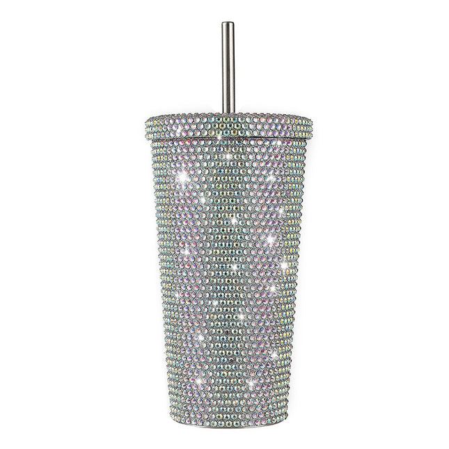Diamond-Inlaid Insulated 304 Stainless Steel Cup with Straw