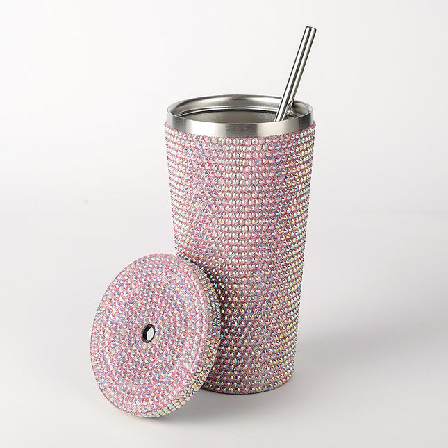 Diamond-Inlaid Insulated 304 Stainless Steel Cup with Straw – product detail