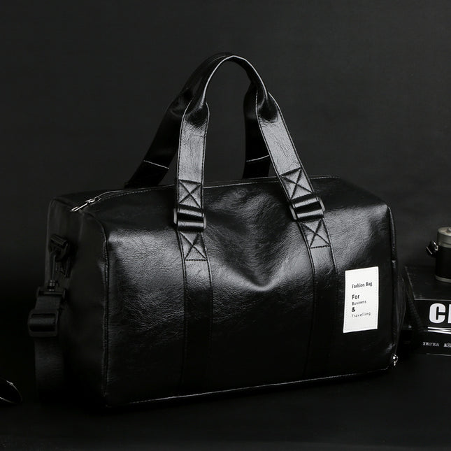 Black Men's Large-Capacity PU Leather Gym Bag