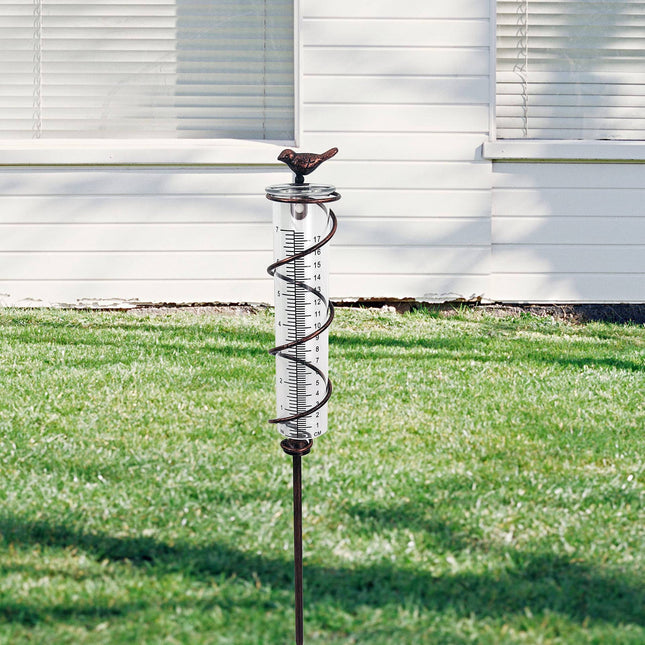 Decorative Garden Rain Gauge Glass Rain Meter with Metal Stake and Bird Design – product detail
