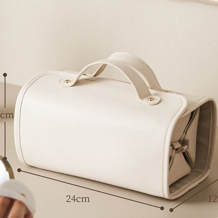 White Roll-Up Travel Makeup Bag - Compact Cosmetic Organizer with Multiple Compartments