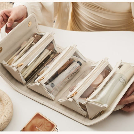 White Roll-Up Travel Makeup Bag - Compact Cosmetic Organizer with Multiple Compartments