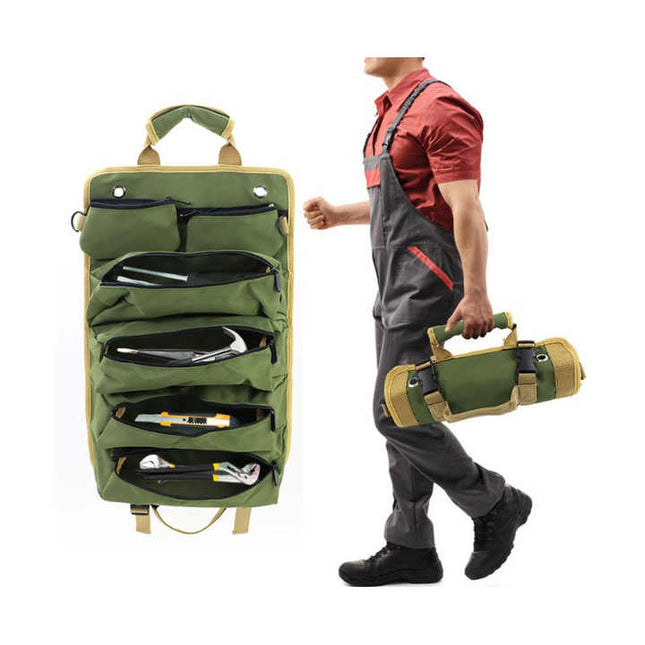 Green Portable Roll-Up Tool Organizer with Zippered Pockets V888-ELOSUNG12744