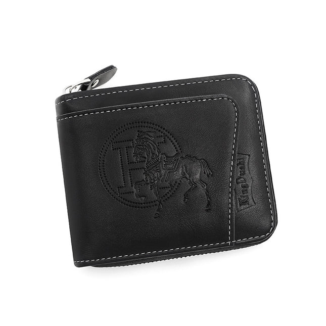 Black Men's Leather Wallet with Zipper and Horse Embossed Design